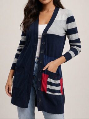 Navy Colorblock Button-Up Cardigan Sweater